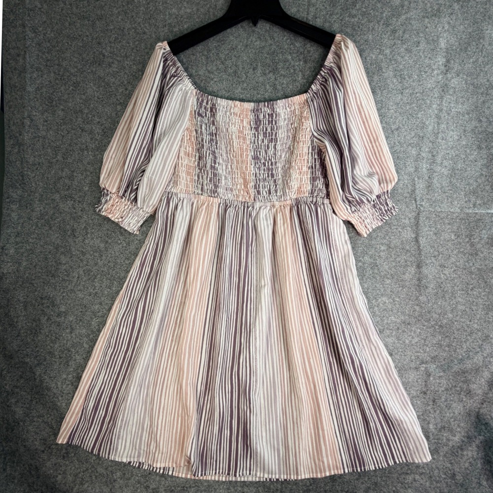 Chelia Roe Striped Smocked Square Neck‎ Puff Sleeve Mini Dress Women's Size L
